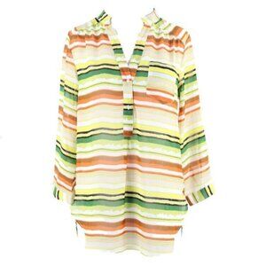 Truth Sz M Lime Yellow Multi Sheer Stripes Tab Sleeve Hi Lo Poly Top